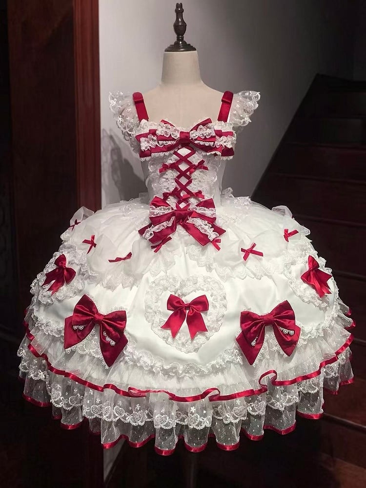 with Heart Sweet JSK / + Big Set Full Doll-Style Lace White Veil Details Red Dress Train Princess Bow Lolita
