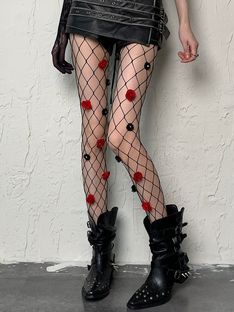 Tights Floral Black Fishnet Details Y2K