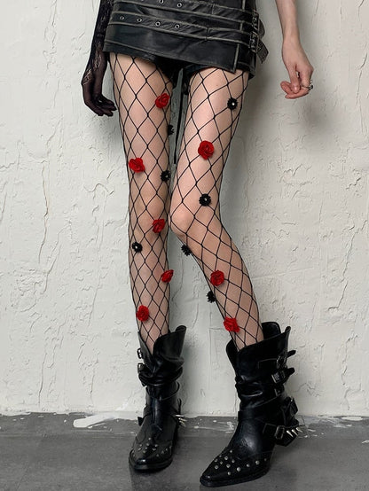 Tights Floral Black Fishnet Details Y2K