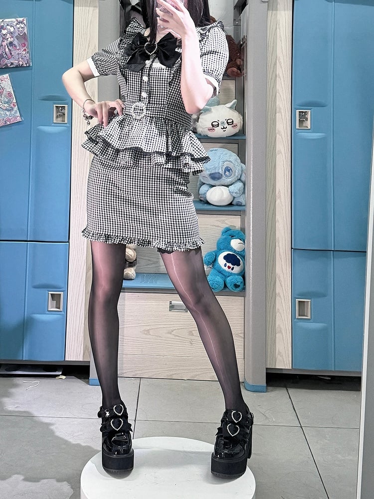 Black Elegance Bodycon featuring Kei Jirai Dress: Defining Plaid Ruffles Ladylike Puff