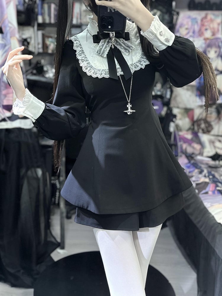Set: Shorts Pointed Long Bow Black Gothic Tie Full White Landmine Faux Sleeve Detachable Collar Cape + Top Style