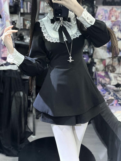 Set: Shorts Pointed Long Bow Black Gothic Tie Full White Landmine Faux Sleeve Detachable Collar Cape + Top Style
