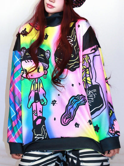Und Sweatshirt Gyaru Sneaker Mode Bunte Cartoon Print Übergroßen