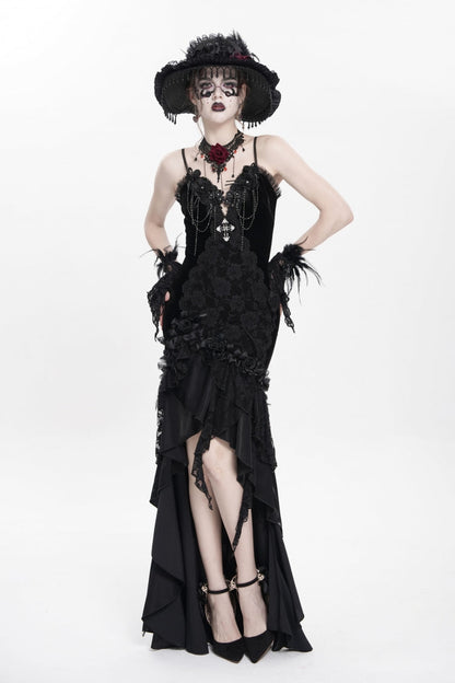 Black Cross Ruffled Floral Embroidered Chain Gothic Slip Dress