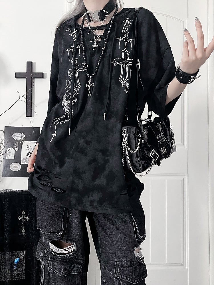 Devil Sleeve Gothic BlackGray Print Hoodiewith Horn HoodCross Short Tie-Dye