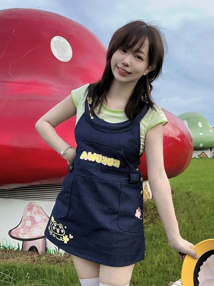 Closure Denim Back Daily Dress Shoulder with Zipper Straps Overall Snap-button Kawaii