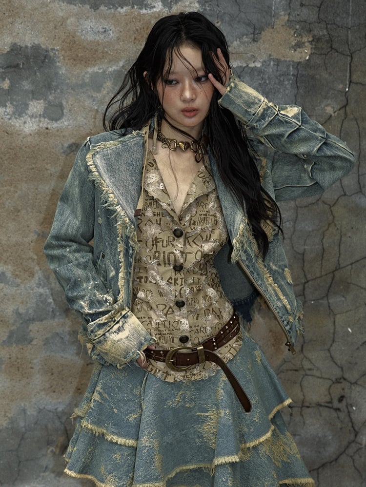 Vintage Punk Blau gewaschene Jeansjacke