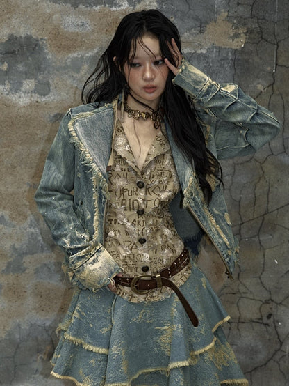 Vintage Punk Blau gewaschene Jeansjacke