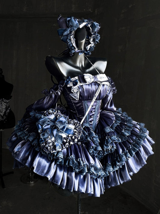 Tiered Dark Princess Accents Dress Blue with Balletcore Lace Basque Waist