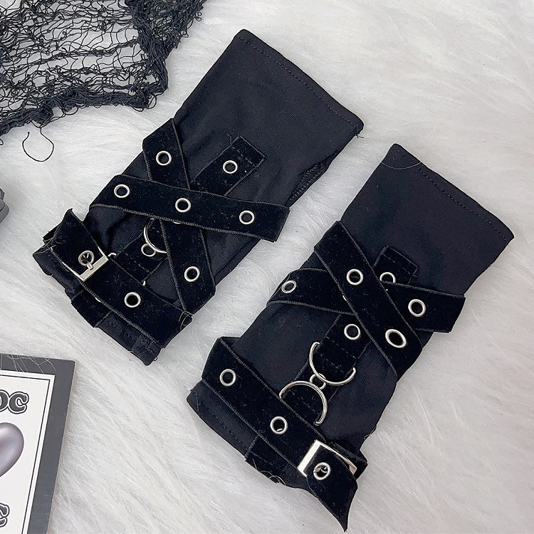 Gloves Decorated Buckle Black Y2K