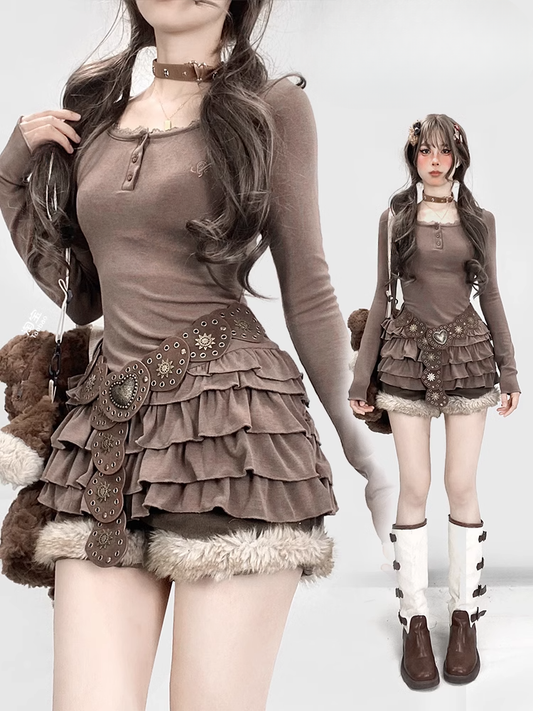 Glamouröses, schmal geschnittenes Mini-Stufenkleid im Vintage-Stil mit Rundhalsausschnitt und Spitzenbesatz in Braun