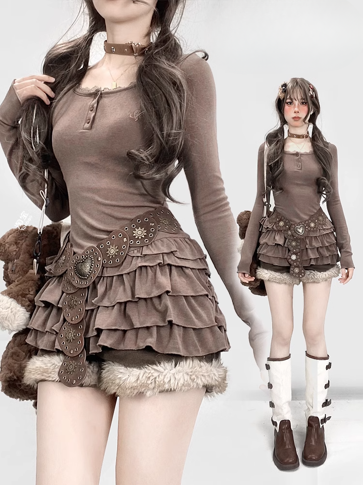 Robe mini à volants vintage marron à col rond et bordure en dentelle, coupe ajustée et glamour