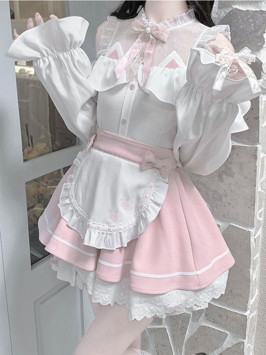 Pink & White Jirai Kei Full Set-Illusion Neckline Cutout Shoulder Top+Apron Design  Skirt+Bow Tie