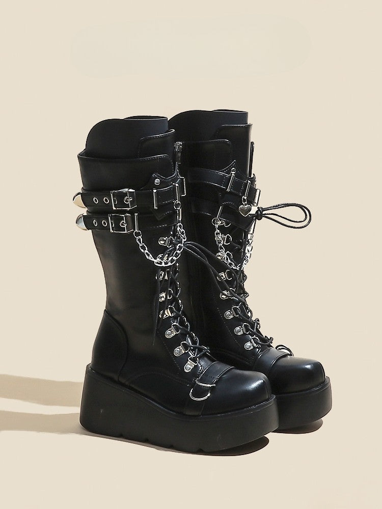 Heart Black Lace-up Mid-Calf Boots Charm Closure Punk with Platform Buckle And - Straps Chain