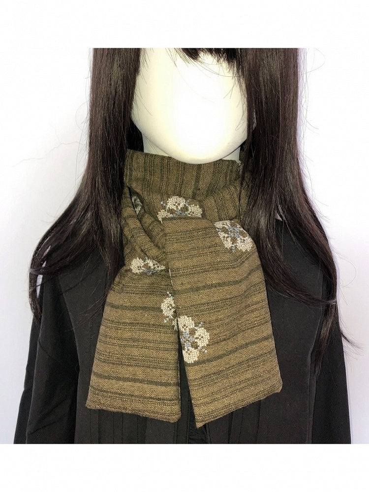 Olive Green Floral Embroidered Striped Scarf - freetrader