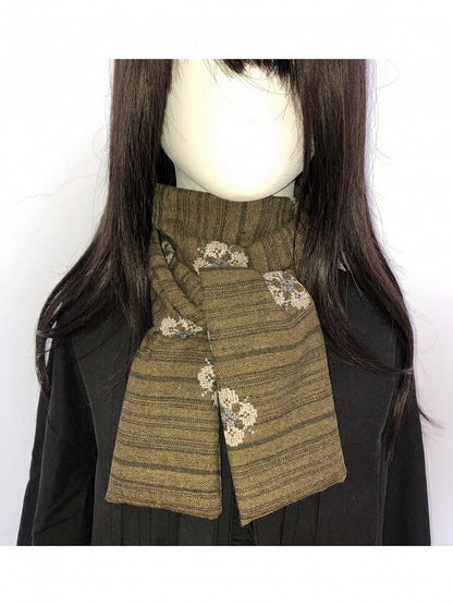 Olive Green Floral Embroidered Striped Scarf - freetrader