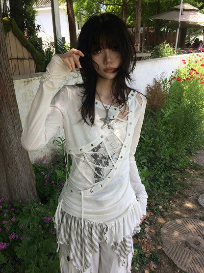 White Asymmetrical Cut Long Sleeve Top with Lace-Up Details - Blazed Field