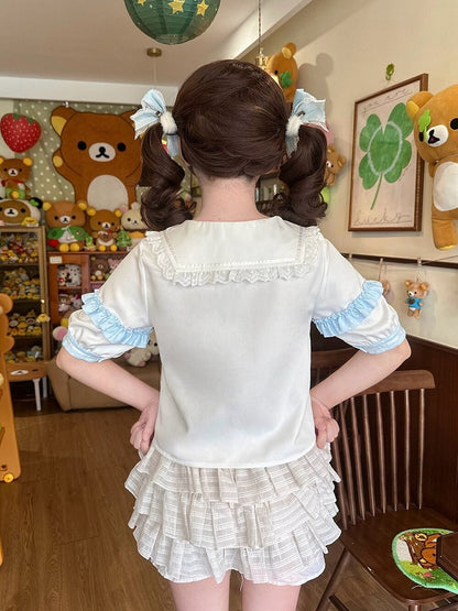 Beige Sweet Lolita Blouse with Blue Ruffle Trim - Sweetheart Dream