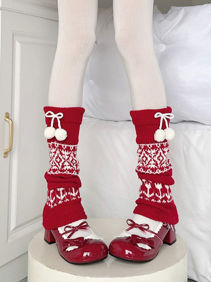 Red Knitted White Decorations Pom-pom Pattern Warmers Leg Diamond with