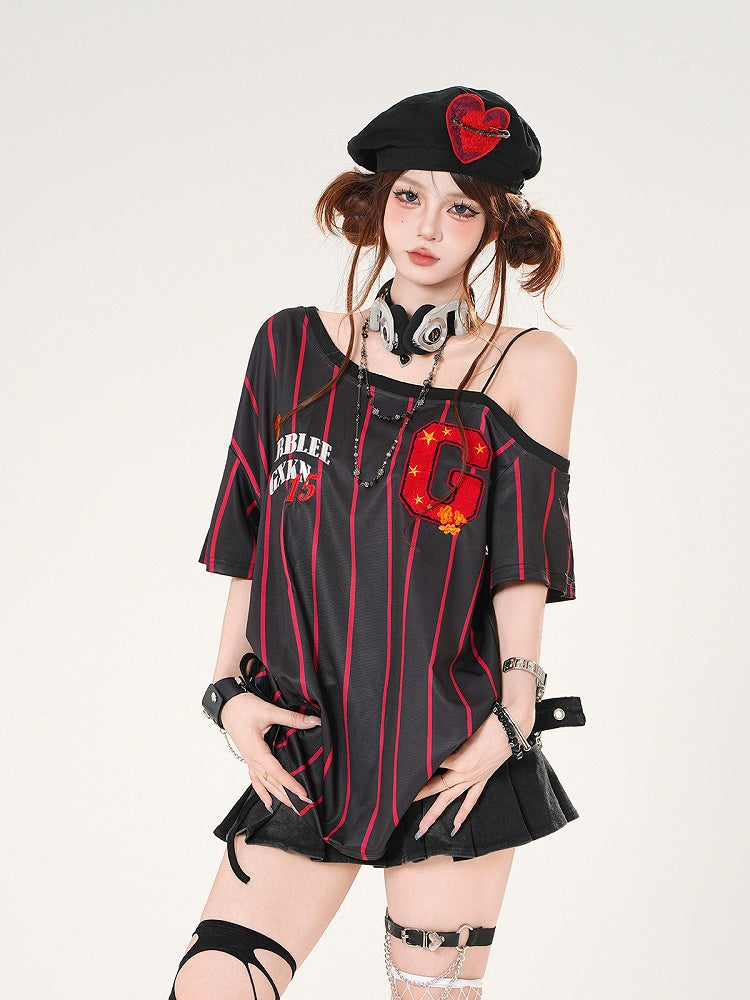 Asymmetrical Neckline Blokette Core White/Black Striped T-shirt