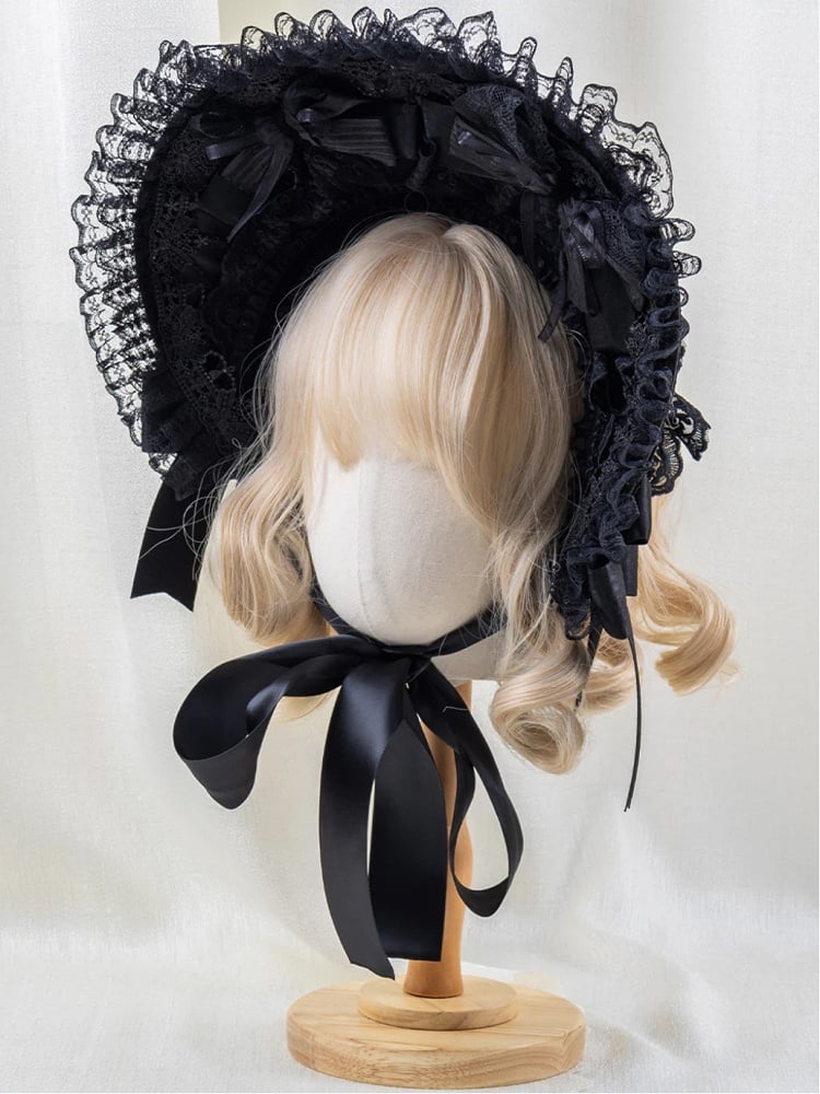 Gothic Bow Bonnet Black Lace