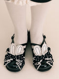 bei Lolita Schuhe Crisscross Bow Top Schwarzes Design Ohr Bunny Polka-Dot-Muster