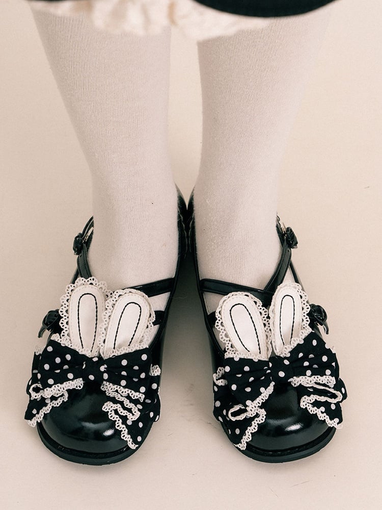 bei Lolita Schuhe Crisscross Bow Top Schwarzes Design Ohr Bunny Polka-Dot-Muster