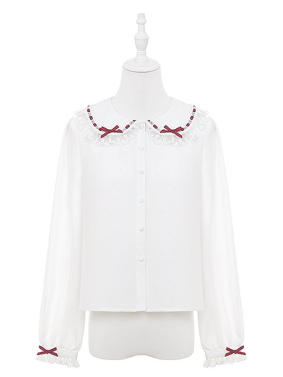 Red & White Peter Pan Collar Blouse with Lace Threading