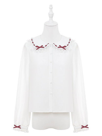 Red & White Peter Pan Collar Blouse with Lace Threading