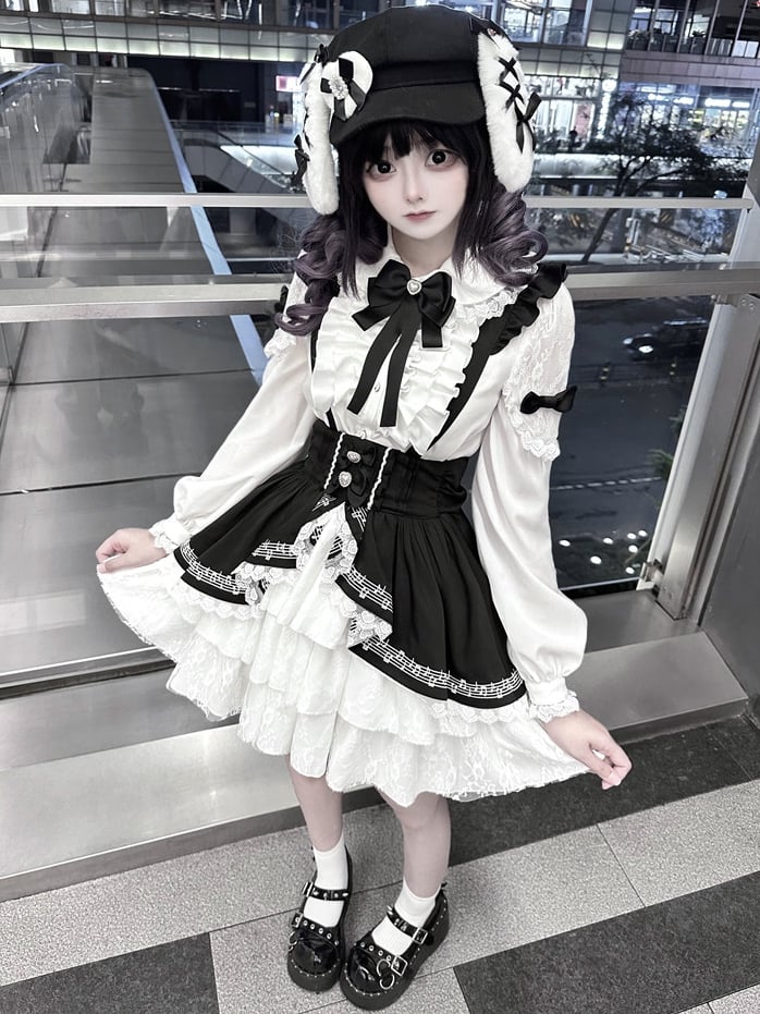 Jirai Kei Schwarz-Weißes Overallkleid mit Stufenrock und hoher Taille im Landmine-Stil