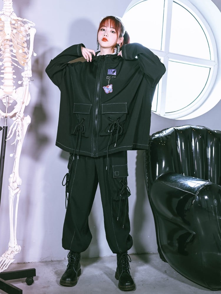 Black Cape 3D Drawstring Gothic Butterfly Pockets Crisscross with Hooded Embroidery Fleece-Lined Jacket