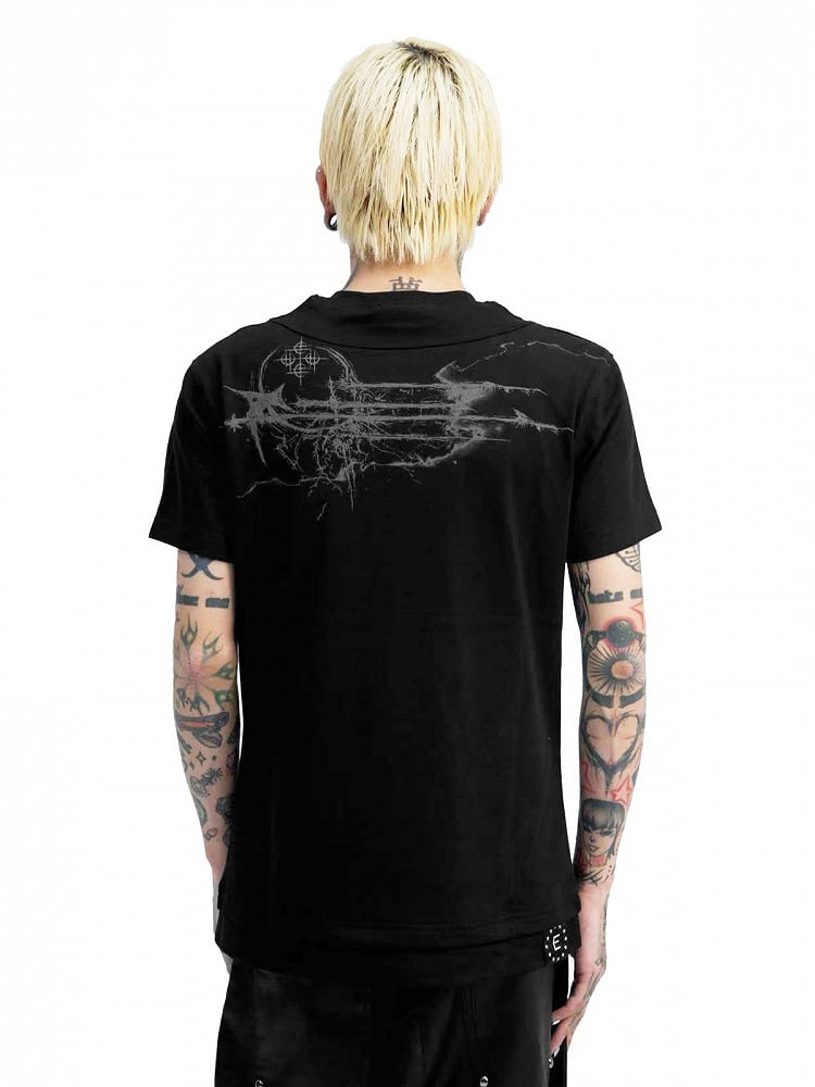 Edgy Genderless Black Double Collar Tee with Cross Graphic - DETW OnLine