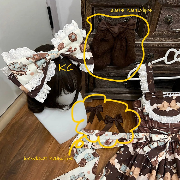 Cookies Print Dress Lolita Puppy Overall Set Reddish Furry Full Brown and Sweet