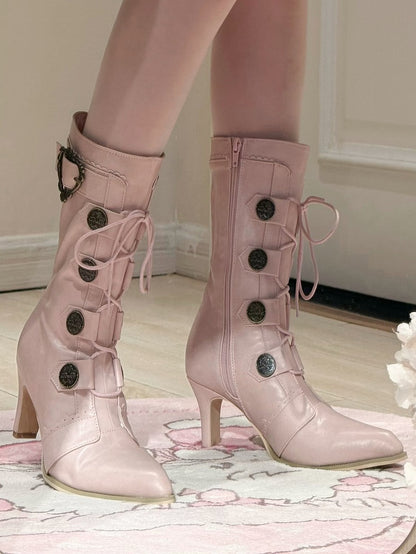 Pink Mid-Calf Pointed Details Lace-Up Design Toe Sakura Boots Leather Lolita Heels with Buckle PU -
