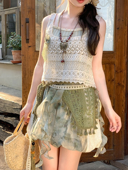 Dye Lace Taille Patches Krawatte Shorts Seite Mori Kei Grün Elastisch