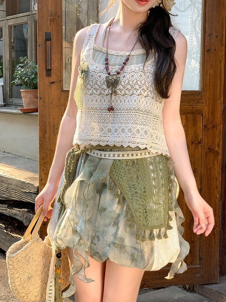 Side Waist Patches Shorts Dye Lace Mori Kei Green Elastic Tie