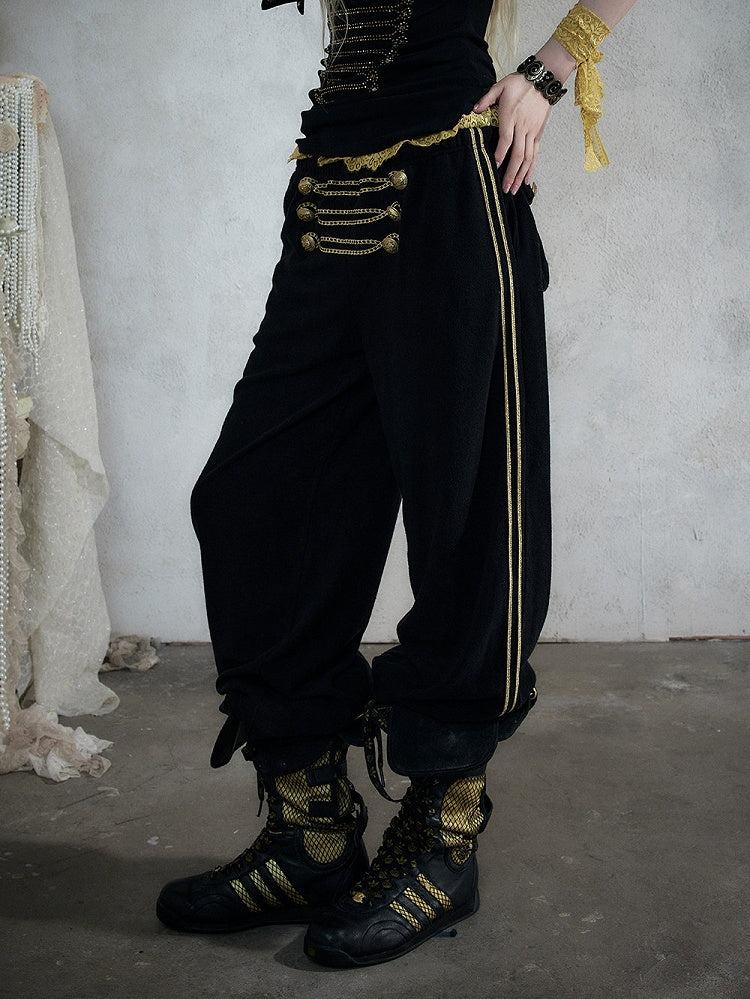 Black & Gold Double-Breasted Straight Leg Sweatpants with Lace Trim, Punk Style - NO ROMANCE