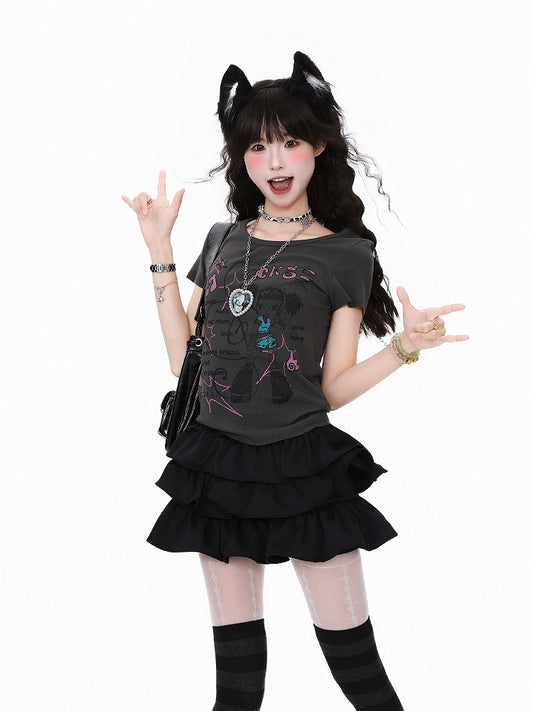 Black Slim-Fit Cartoon Musical Graphic with Notation T-shirt: