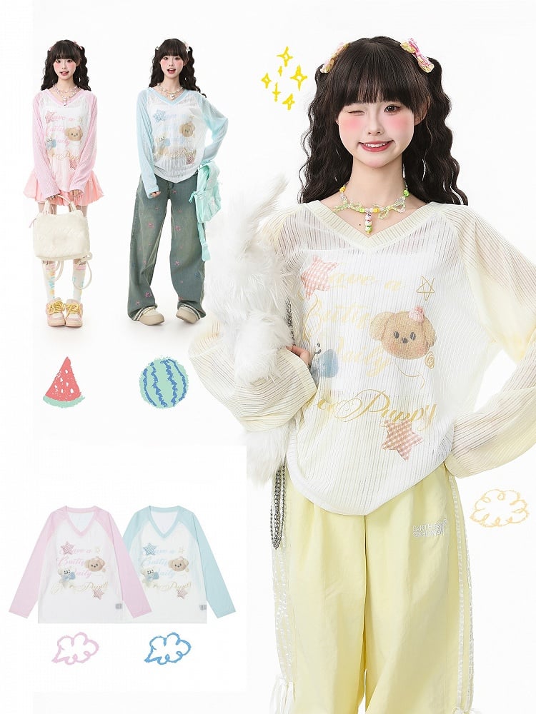 Apricot/Pink/Green Kawaii V-Neck Knit Top with Puppy Print - Long Sleeve Pullover