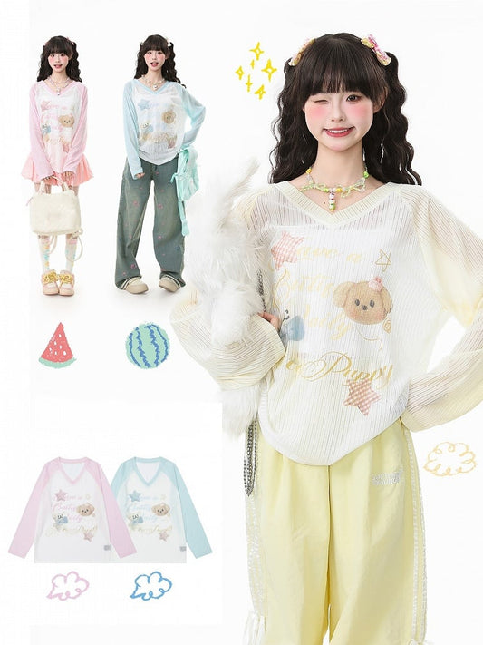 Apricot/Pink/Green Kawaii V-Neck Knit Top with Puppy Print - Long Sleeve Pullover