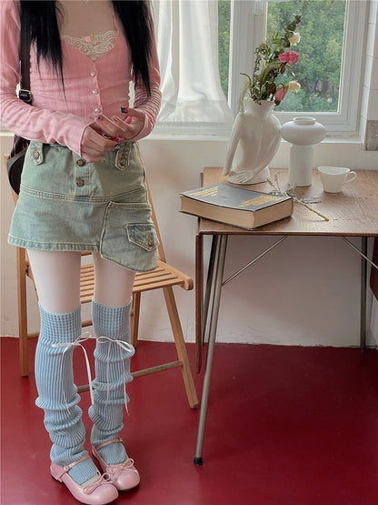 Options Detachable Color Knitted 7 With Leg Warmers Ribbon 75CM Bow