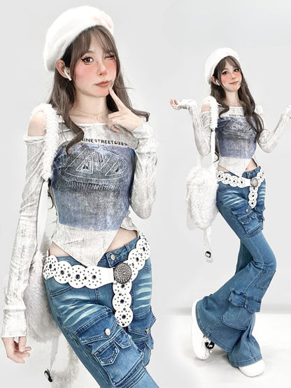 Y2K White Round Neck Cutout Shoulder Asymmetrical Hem Glamorous Top