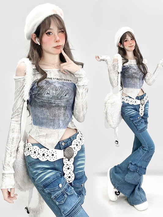 Y2K White Round Neck Cutout Shoulder Asymmetrical Hem Glamorous Top