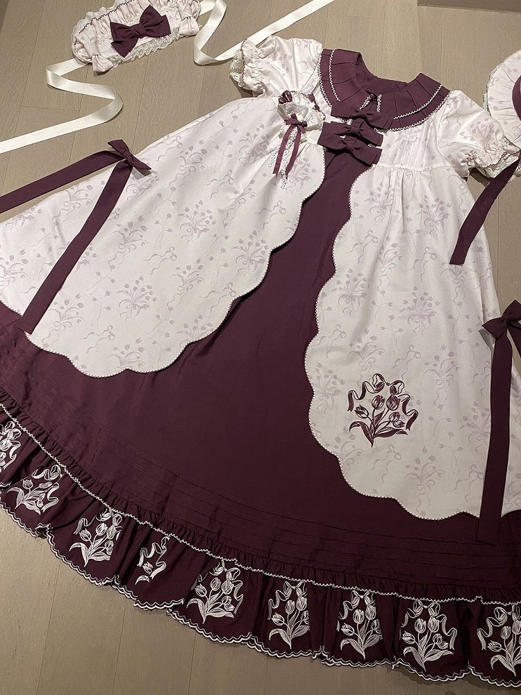 Elegant Tulip Ruffle Embroidered Floral Jacquard Lolita OP A-Line Gown - Whispering Roses