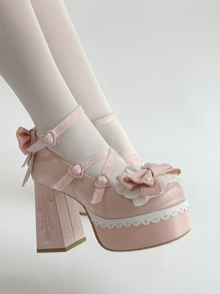 High Lace Pink Block Embroidery Buckle Heels Fork Bowknot Lolita Platform Straps