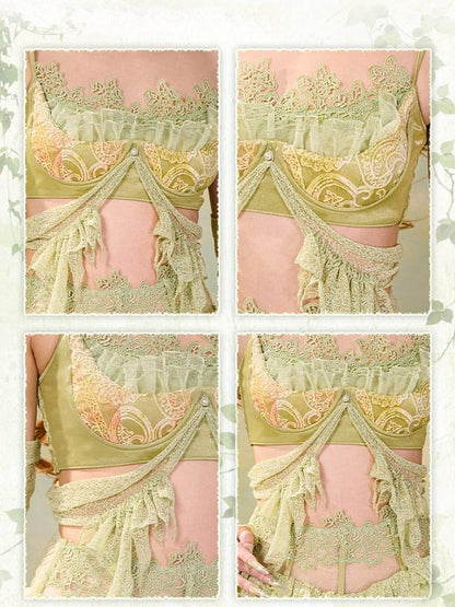 Green & Yellow Summer Fairycore Mori Kei Sleeveless Top with Lace Trim - Virtual Orbit