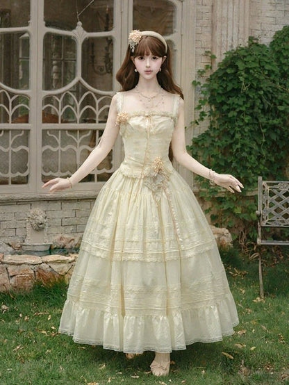 Yellow Sleeveless Lace Top with Floral Belt and Skirt - Penny House