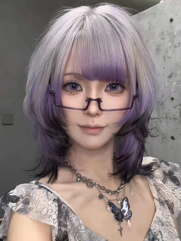 Wig Dusty Short Ombre Purple Bangs Straight with