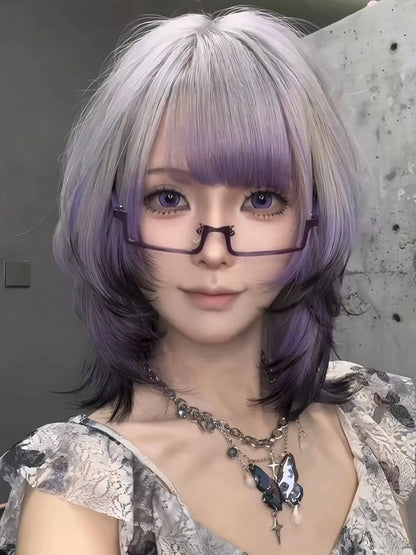 Wig Dusty Short Ombre Purple Bangs Straight with