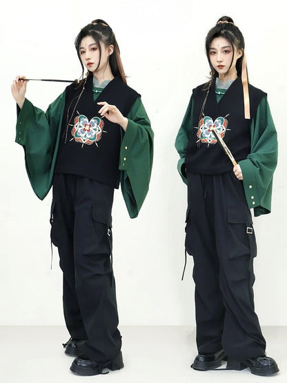 Unisex with Floral Black Fringe Detachable Vest Embroidery Style - Chain Chinese V-Neck